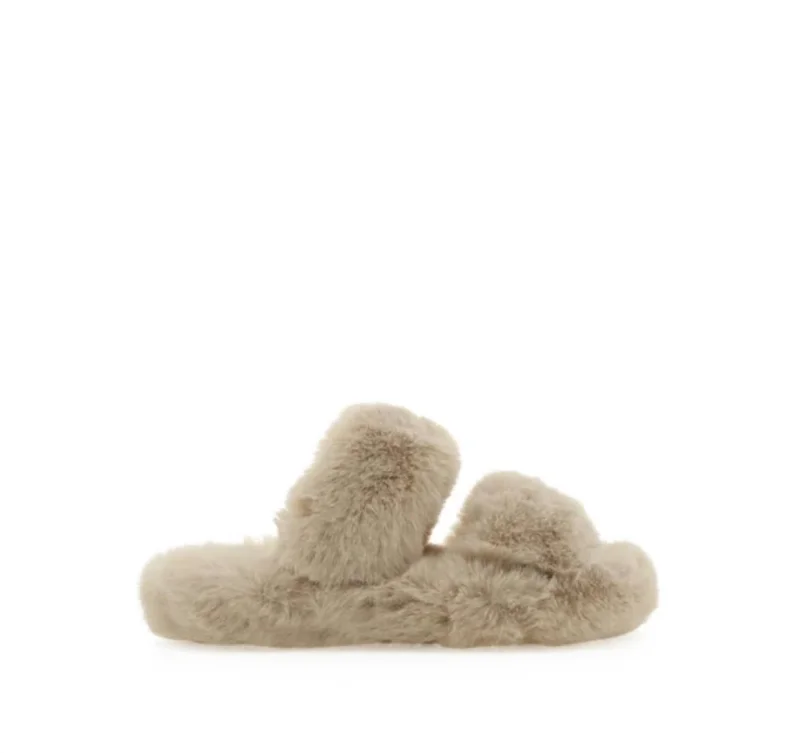 Faux Fur Slippers In Tan