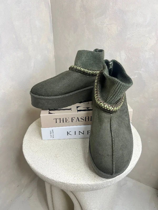 Khaki Backless Cuffed Ankle Platform Slipper