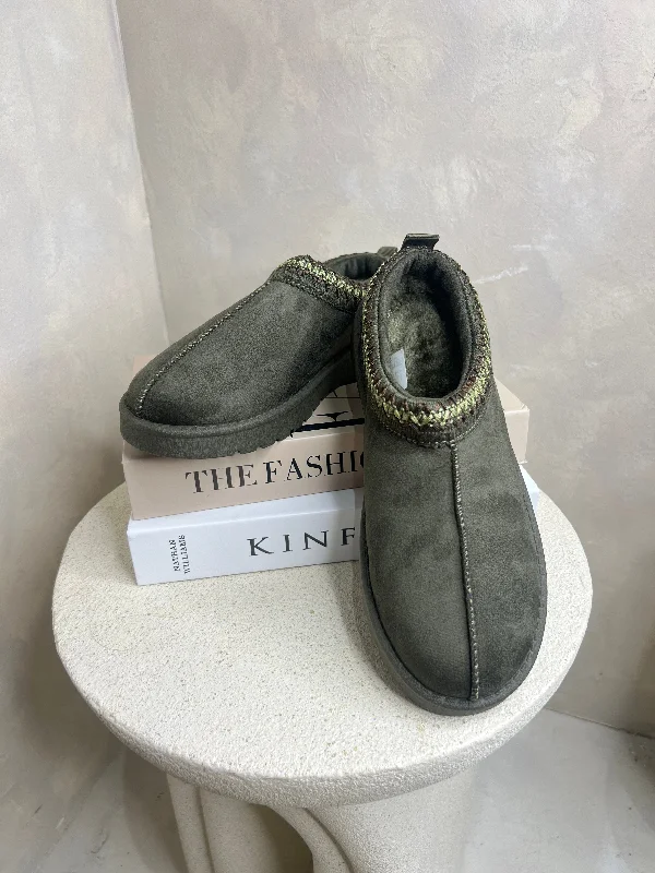 Khaki Suede Style Backless Slippers