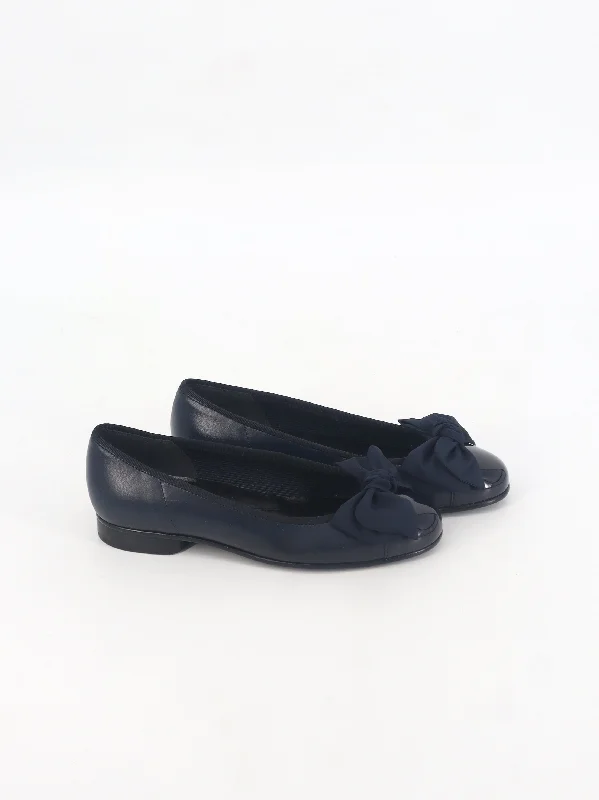 Women's Plain Bow Leather Flat Shoes,Navy