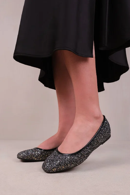 UNIVERSE POINTE BALLERINA SLIP ON SHOES IN BLACK GLITTER