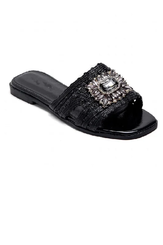 BLACK SLIP ON FLAT RHINESTONE BROOCH SUMMER SLIDER SANDALS