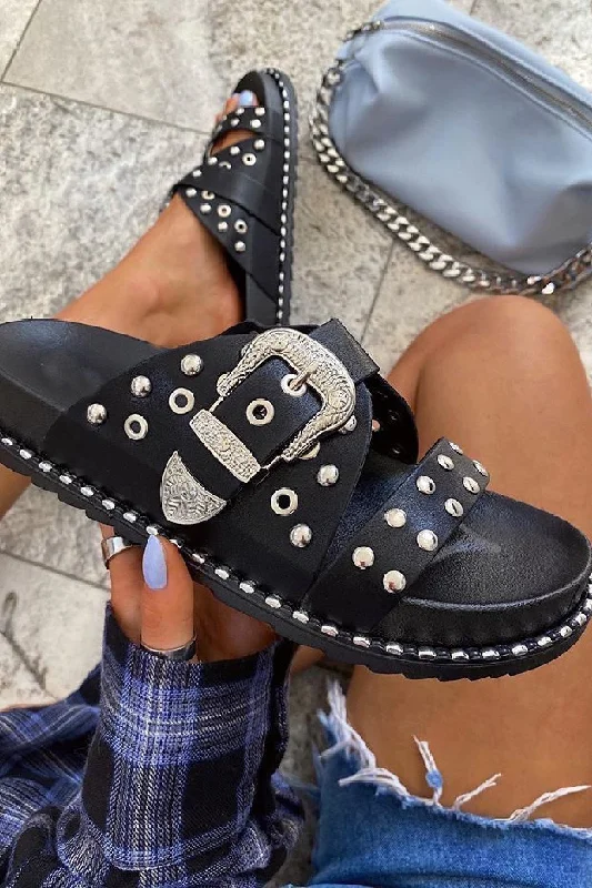 BLACK STUDS AND BUCKLE DETAIL SUMMER SLIDERS SANDALS