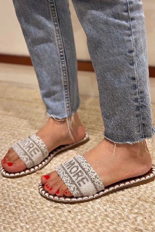 WHITE BEADED FLAT SLOGAN SLIDER SLIDES SANDALS