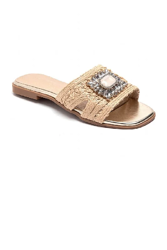 BEIGE SLIP ON FLAT RHINESTONE BROOCH SUMMER SLIDER SANDALS