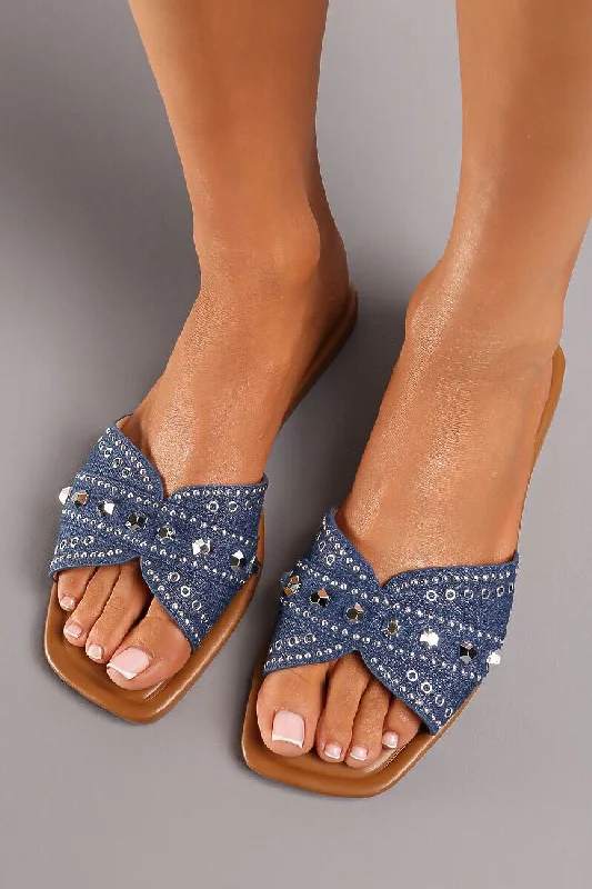 DARK BLUE FLAT STUDDED SUMMER SLIDER SANDALS