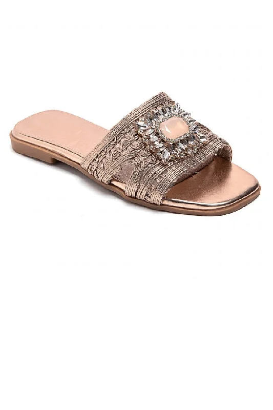 CHAMPAGNE SLIP ON FLAT RHINESTONE BROOCH SUMMER SLIDER SANDALS