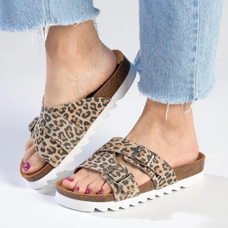 Julz Megan Leather Double Buckle Footbed Sandal - Leopard