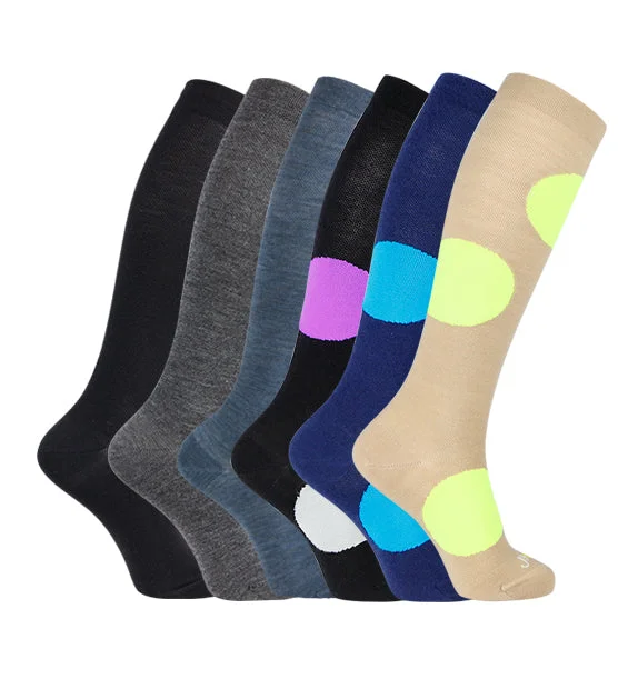 Rich Merino Wool Everyday Compression Socks (15-20mmHg) - Jumbo Dots - 6 Pack