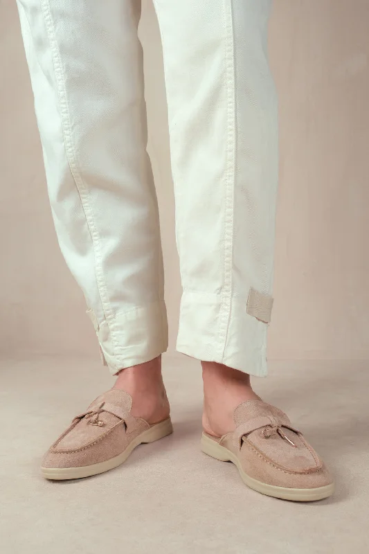 TWILIGHT FLAT SLIP ON LOAFER WITH TASSEL DETAIL IN KHAKI SUEDE